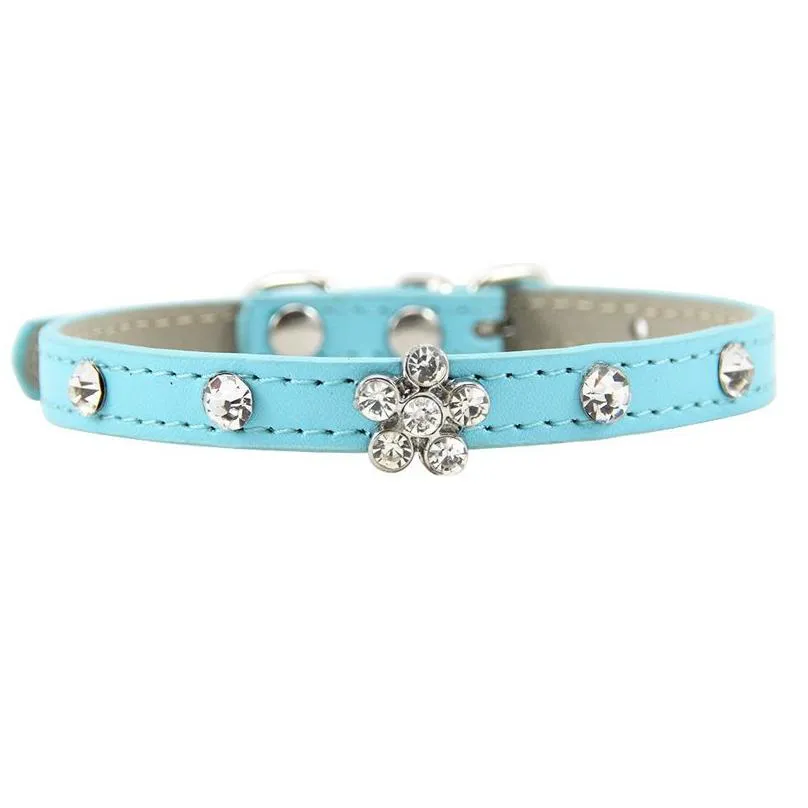 bling rhinestone puppy dog collars adjustable leather flower kitten collar for small medium dogs cats 3155 t2