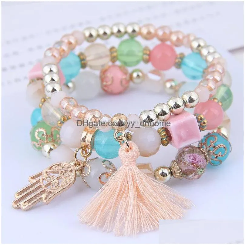 bohemian beaded palm tassel bracelets pendant for women girls gift multilayer stretch stackable bracelet set multicolor jewelry