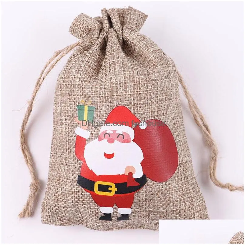 christmas burlap linen drawstring bag gift wraps santa claus snowman penguin elk candy jewelry packaging present storage bags xmas favors decoration