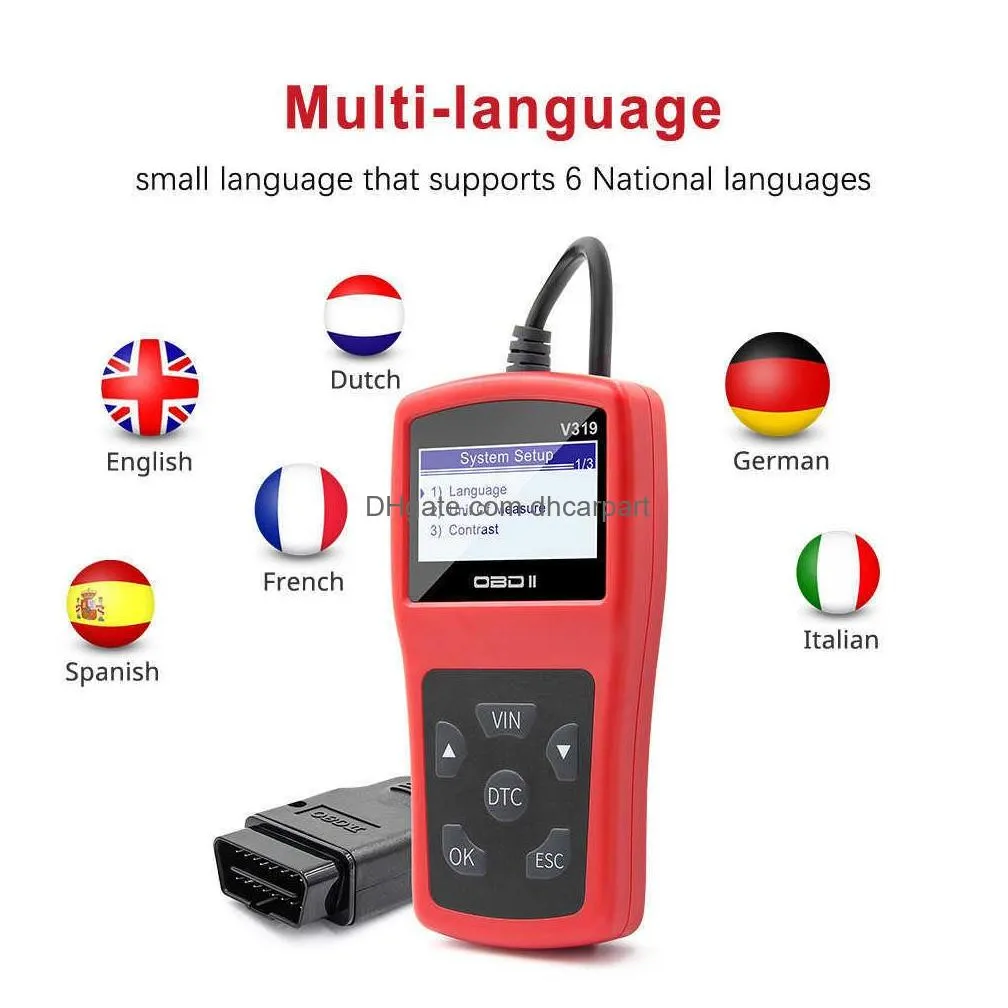 v319 obd2 scanner code reader car auto diagnostic tool obd 2 eobd read clean fault elm327 multiple languages