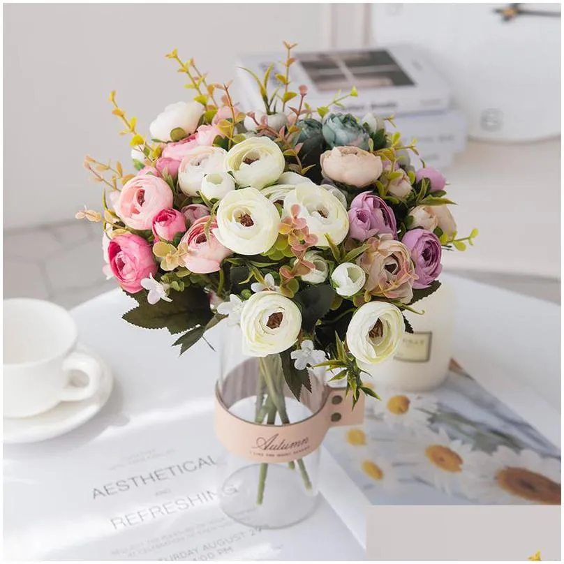 european vintage artificial silk tea rose flowers small bud bouquet wedding home retro fake flower party diy decoration 5767 q2