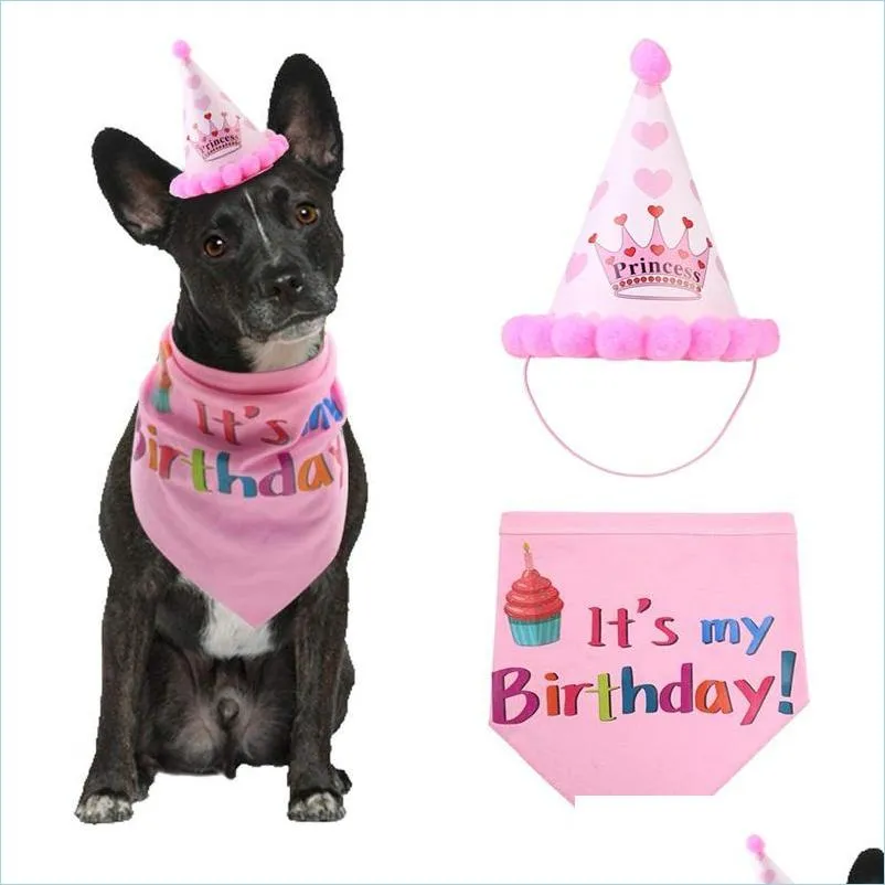 cute doggie party hat with bibs cartoon its my birthday printing paper caps pet apparel accessories 9my e1