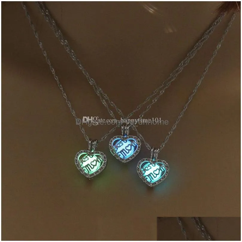 luminous bead mom letter pendant necklace chain fashion hollow heart ethnic collar statement necklaes for women halloween jewelry love