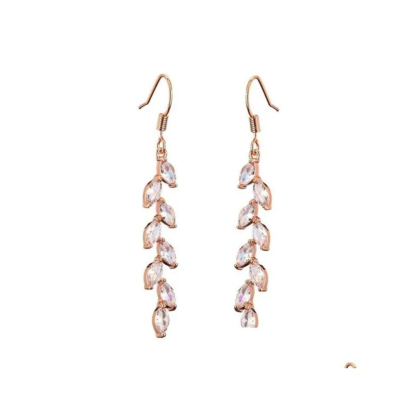 fashion cubic zirconia crystal long drop leaf earrings for elegant women cz bridal wedding jewelry accessories 1205 e3