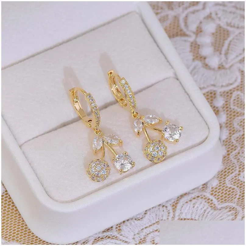cute dangle earring cherry design plated gold plating ear stud elegant luxury charm for lady trendy delicate earrings gift 492 d3