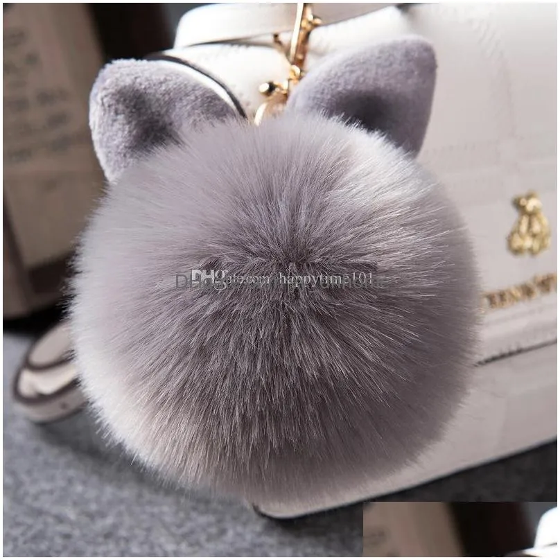 fluffy bunny toys ear keychain rabbit key chain fur woman bag charms keyring pom pom car pendant key ring holder jewelry