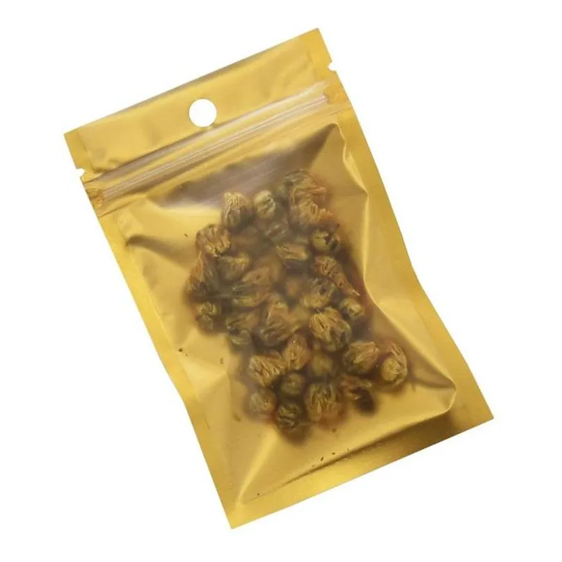 8x13cm gold plastic bags resealable matte/clear dried food candy smell proof storage zipper bag with hang hole 100pcs/lot 2 h1