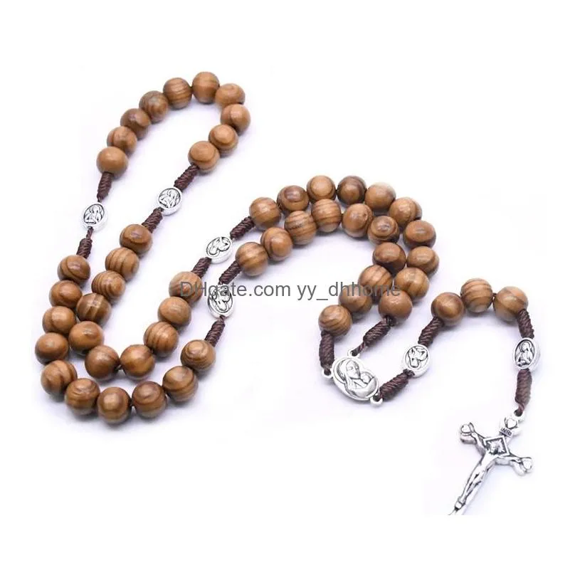 religious jewelry handwoven borwn wooden beads rosary neckalce alloy virgin jesus cross necklace for men women