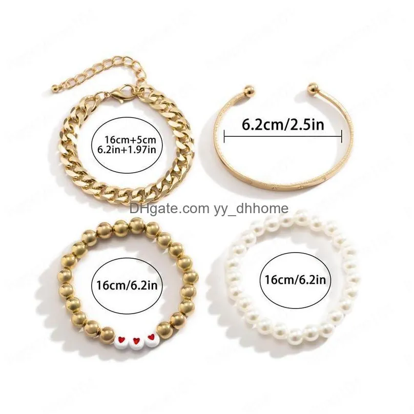 women hip hop heart pearl beaded strands bracelets european aluminum metal chain love lettering bangle valentines day gift punk hand jewelry sets