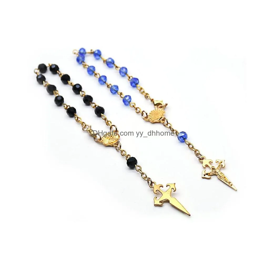 metal gold cross shell crystal beads rosary bracelet for men women religious jewelry