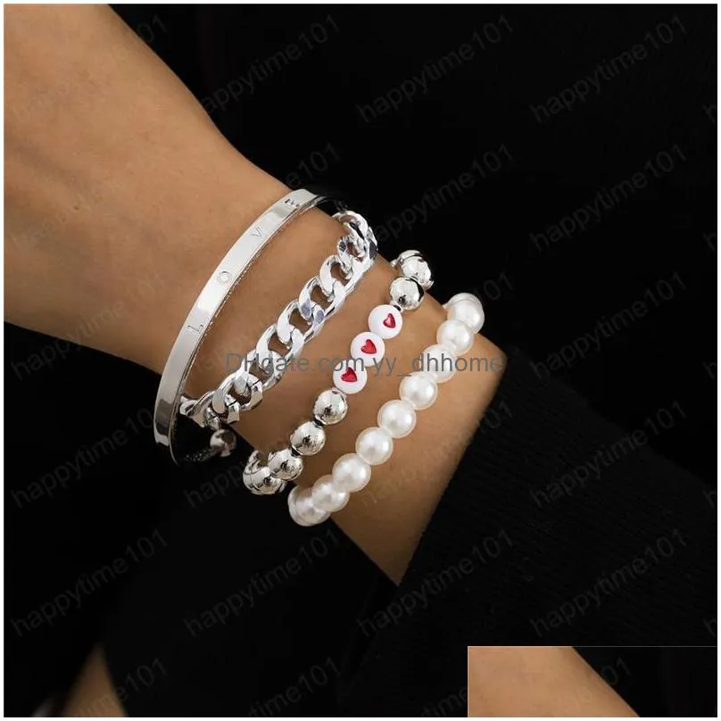 women hip hop heart pearl beaded strands bracelets european aluminum metal chain love lettering bangle valentines day gift punk hand jewelry sets