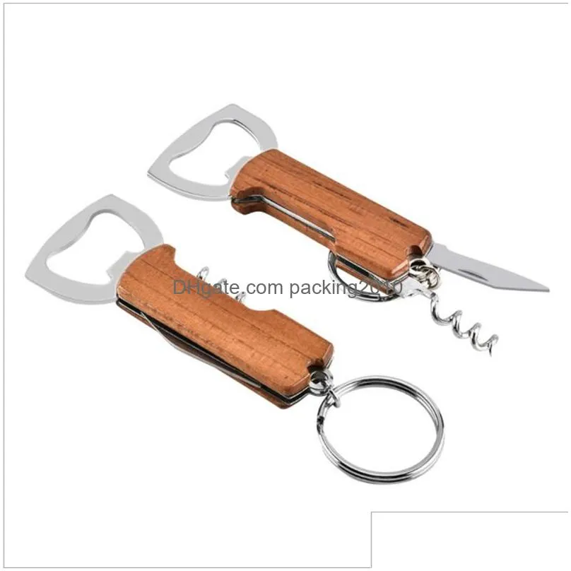 openers creative multifunctional key chain stainless steel multifunctional wooden handle beer wine corkscrew party accessories inventory