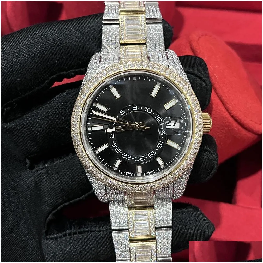 diamond watch high quality iced out watch full functional work automatic movement 42mm silver two stones waterproof 904 stainless frameless set cz sapphire