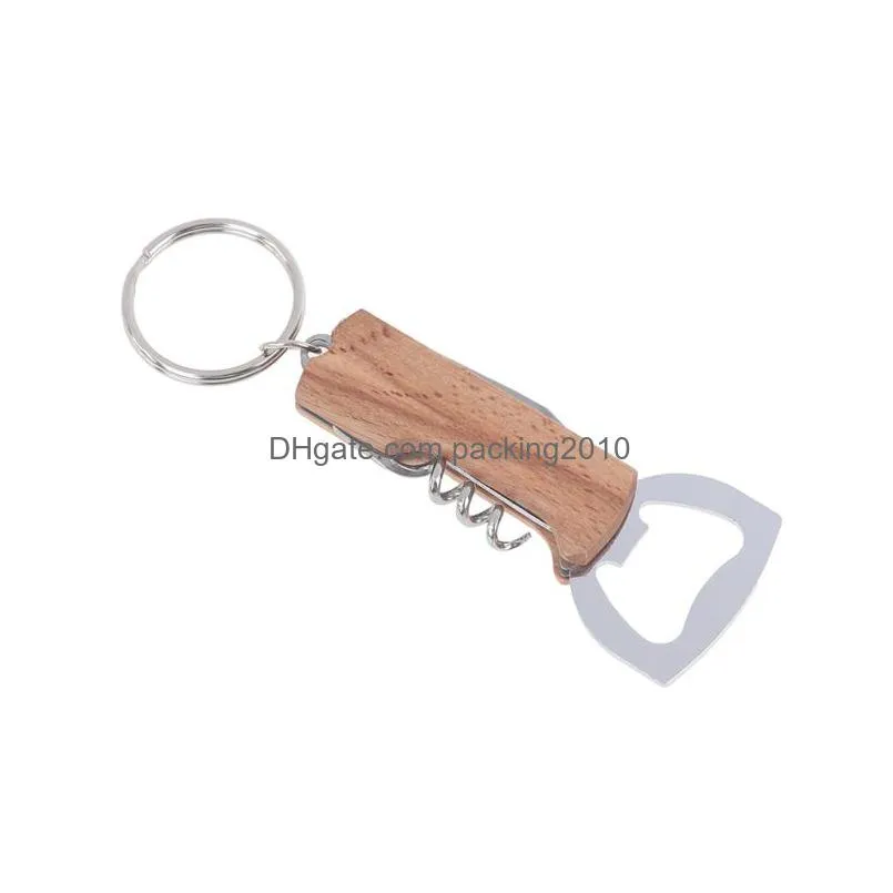 openers creative multifunctional key chain stainless steel multifunctional wooden handle beer wine corkscrew party accessories inventory