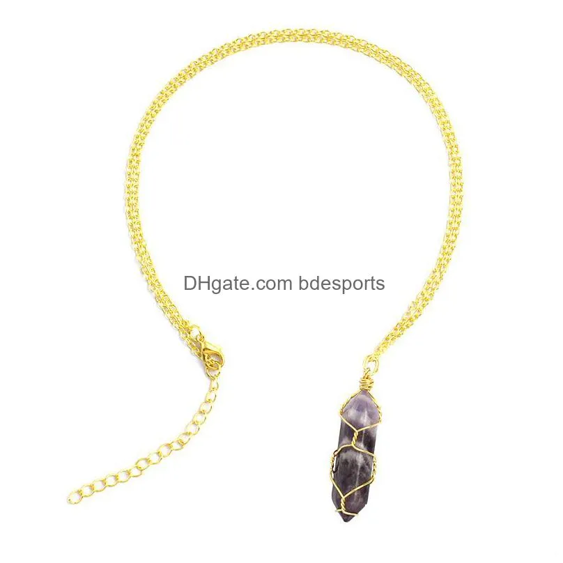 european and american fashion jewelry crystal hexagonal column pendant natural stone doubles pointed columns necklace quartz point pendant with wax