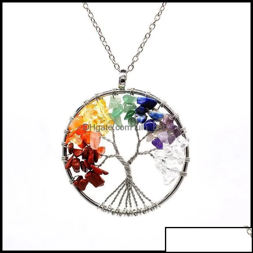 pendant necklaces pendants jewelry 12pc / set tree of life necklace 7 chakra stone beads natural amethyst sier chain for womens gift 155