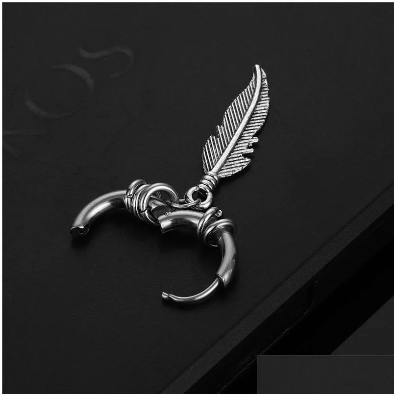 1 piece fashion cross feather dangle earrings punk rock style for women men high quality hiphop ear jewelry 75 d3