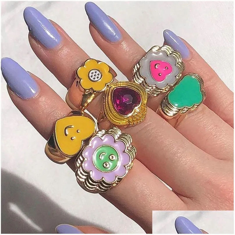 colorful love heart wedding rings for women sweet sunflower drip oil enamel metal gold finger ring couple jewelry 172 d3