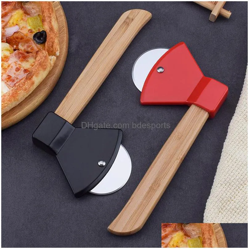 tools axe bamboo handle pizza cutter rotating blade home kitchen cutting tool inventory wholesale