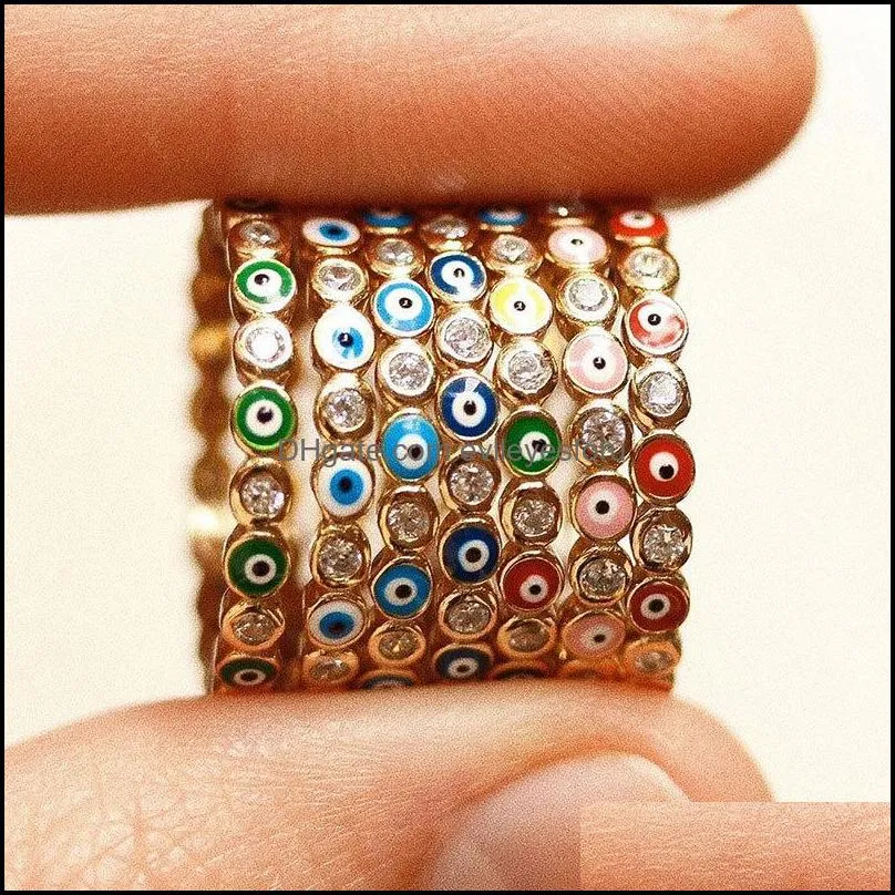 7 colors bohemian multicolor evil eye rhinestone filled gold band rings for women vintage ladies midi finger ring beach jewelry 1126