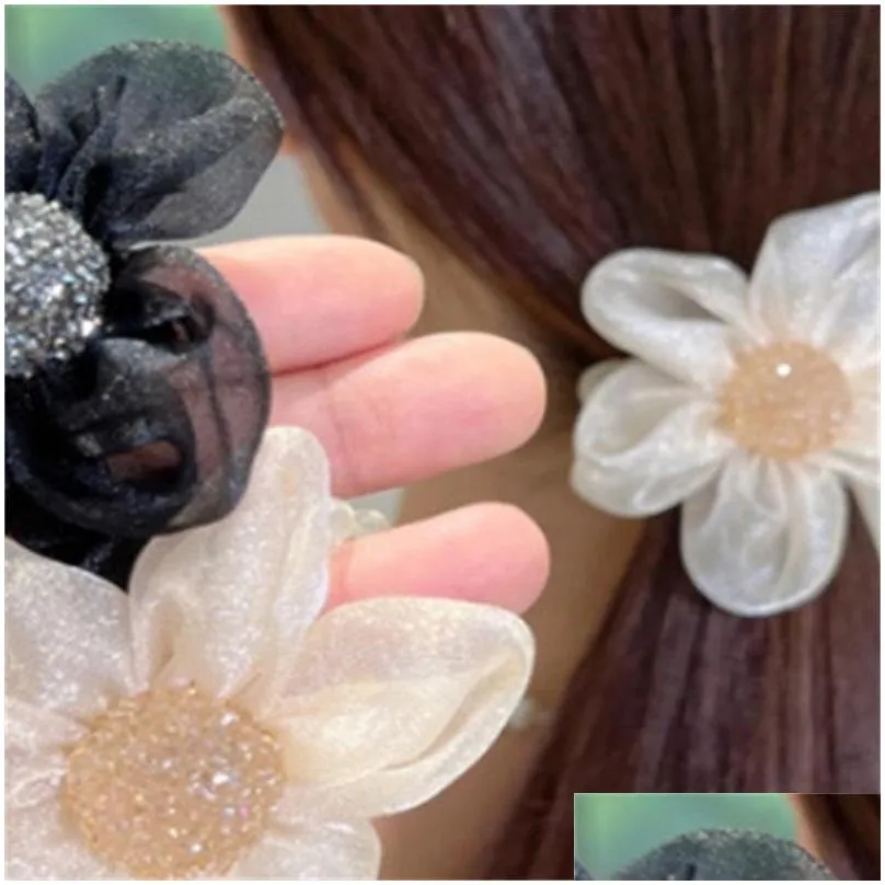 gauze elastic hair ties flower luxury rhinestone hair bands scrunchies women fashion jewelry 2022 summer 5936 q2