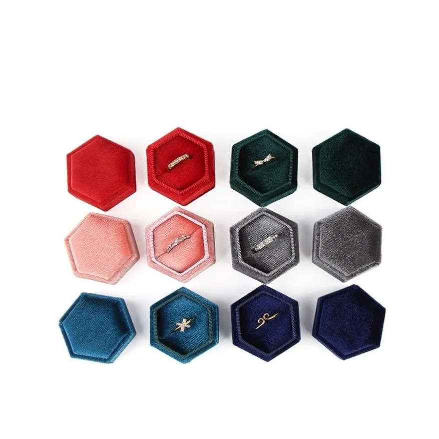 product hexagon velvet ring box jewelry box display holder with detachable lid for wedding engagement 2745 t2