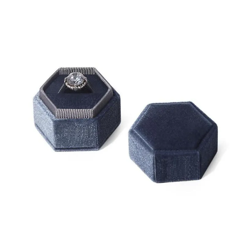 product hexagon velvet ring box jewelry box display holder with detachable lid for wedding engagement 2745 t2