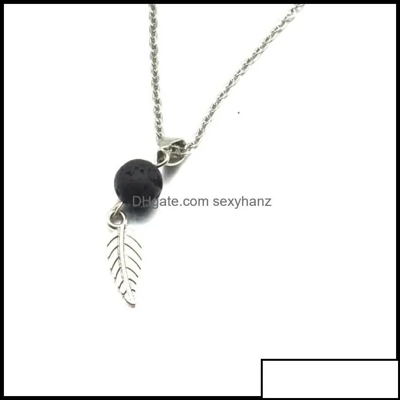 pendant necklaces aromatherapy essential oil diffuser necklace black lava rock stone bead volcano leaf charms stainless stee sexyhanz