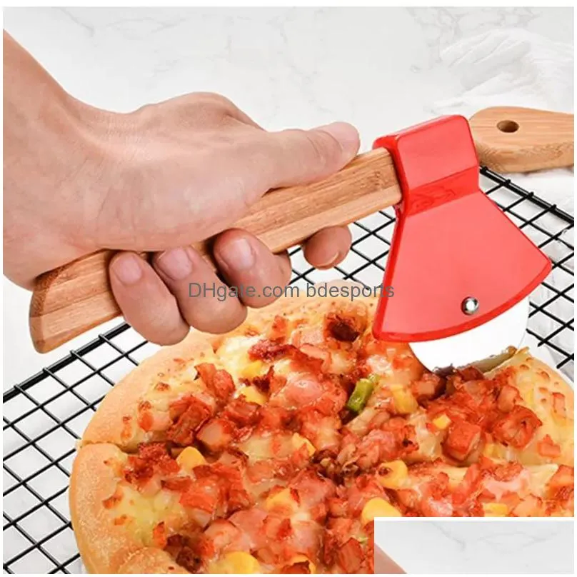 tools axe bamboo handle pizza cutter rotating blade home kitchen cutting tool inventory wholesale