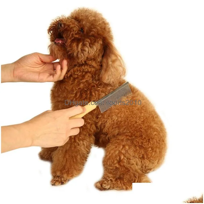 dog grooming 20cm stainless steel tight tooth pet comb dogs cat hair removal single row straight comb wooden handle beauty supplies inventory