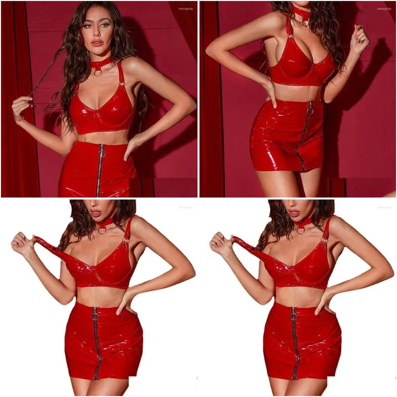 work dresses women red pu leather latex sexy bra tops and zipper mini skirt two piece suit ladies pole dance clubwear rave festival