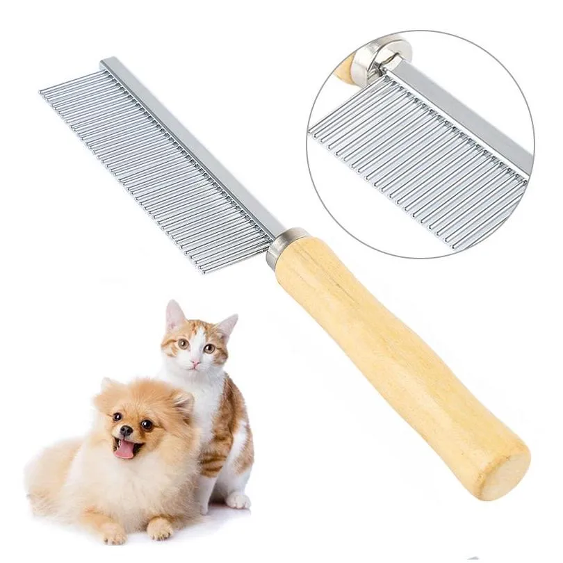 dog grooming 20cm stainless steel tight tooth pet comb dogs cat hair removal single row straight comb wooden handle beauty supplies inventory