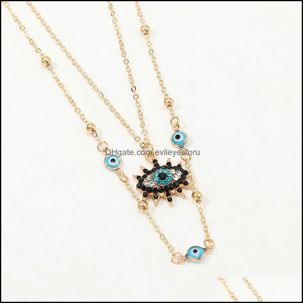 double layers blue evil eyes pendant necklace rhinestone boho luck necklae jewelry for women gifts