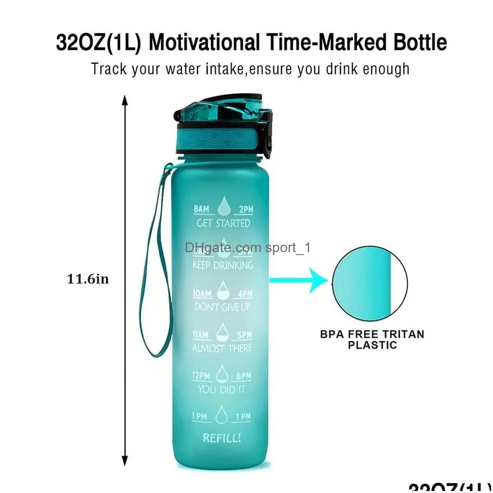 1l tritan material water bottle with bounce cover time scale reminder frosted leakproof cup for outdoor sports fitness