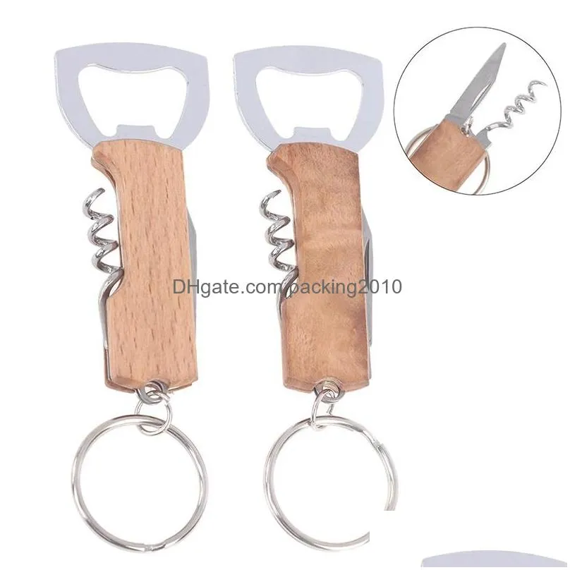 openers creative multifunctional key chain stainless steel multifunctional wooden handle beer wine corkscrew party accessories inventory