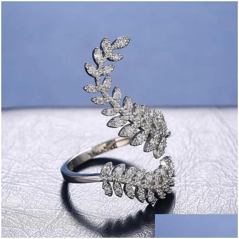 graceful wedding rings leaves both end of open ring silver color girl cocktail party shine crystal zircon fashion women jewelry 24 d3