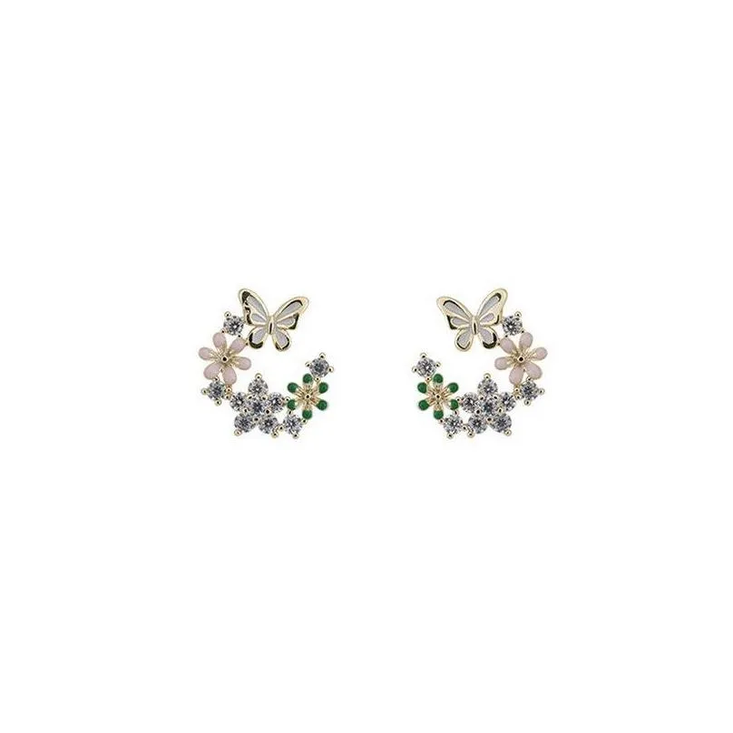 exquisite leaves circle stud earrings for women shiny rhinestone charm crystal butterfly flower earring wedding birthday jewelry gifts 15 6yh