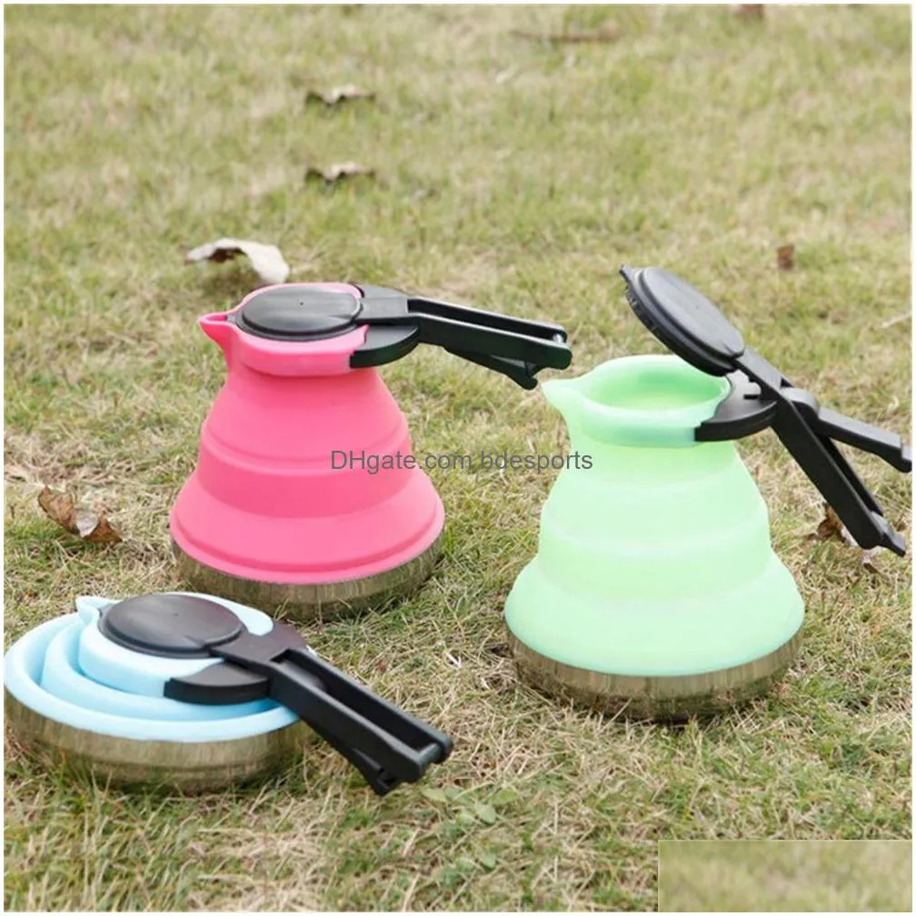 teapots 3 color portable foldable silicone kettle 1.5l outdoor camping travel hiking kitchen tools tea coffee maker inventory