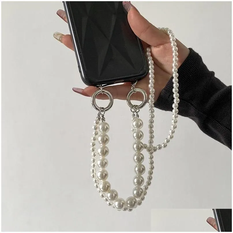 ushaped tassel woven mobile phone chains charms double layer imitation pearl phonechain accessories doubleheaded lobster 89 e3
