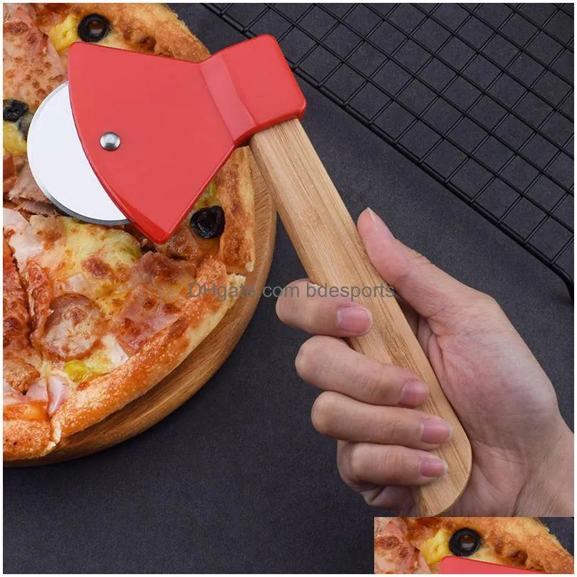 tools axe bamboo handle pizza cutter rotating blade home kitchen cutting tool inventory wholesale
