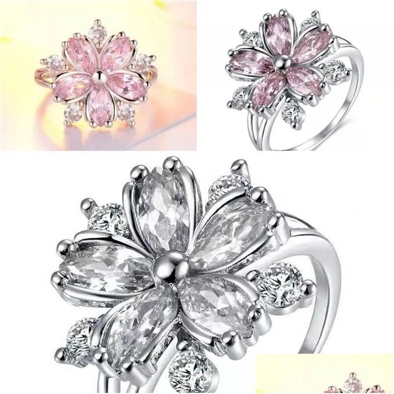 cute female pink crystal wedding ring charm silver color thin couple rings for women dainty bride flower zircon engagement jewelry 453