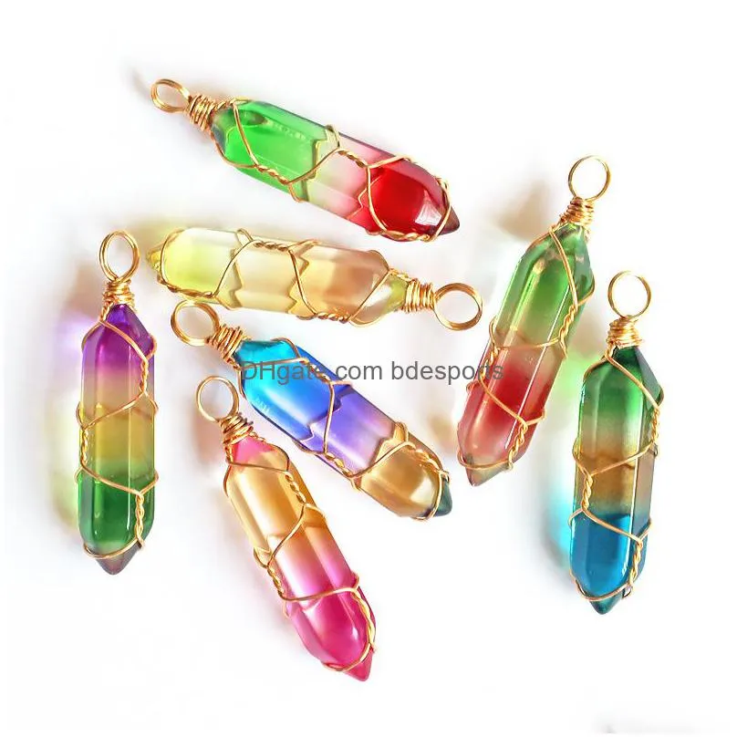 european and american fashion jewelry crystal hexagonal column pendant natural stone doubles pointed columns necklace quartz point pendant with wax