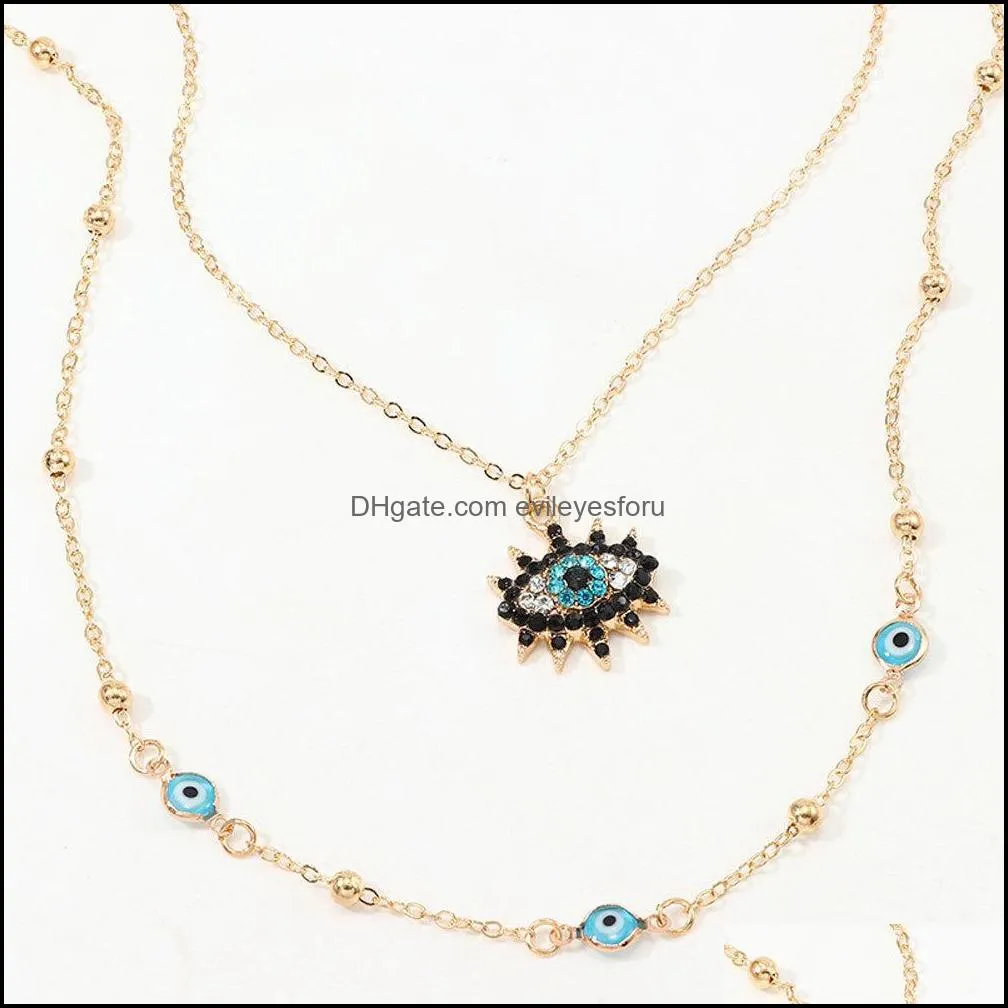 double layers blue evil eyes pendant necklace rhinestone boho luck necklae jewelry for women gifts