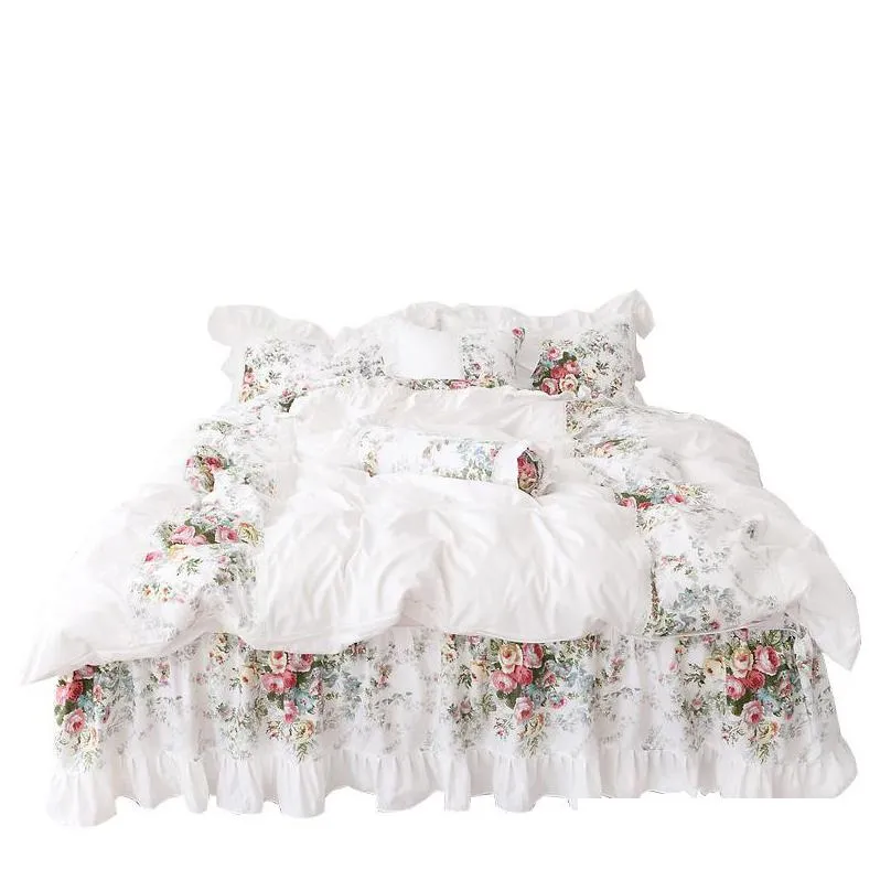 4pcs korean style beige princess bedding set luxury rose printing lace quilt cover ruffles bedspread bed sheet cotton queen king size 487