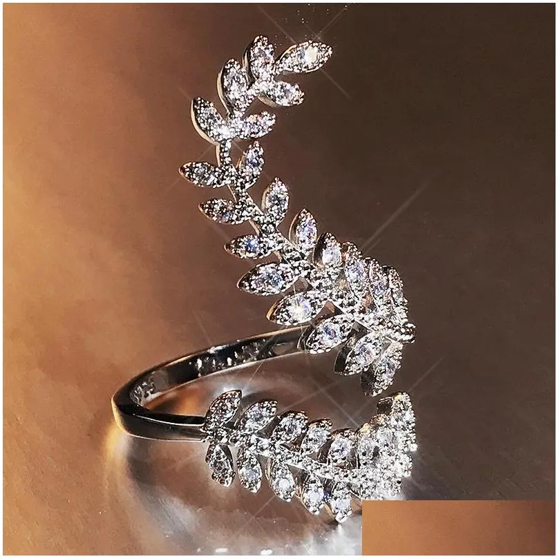 graceful wedding rings leaves both end of open ring silver color girl cocktail party shine crystal zircon fashion women jewelry 24 d3