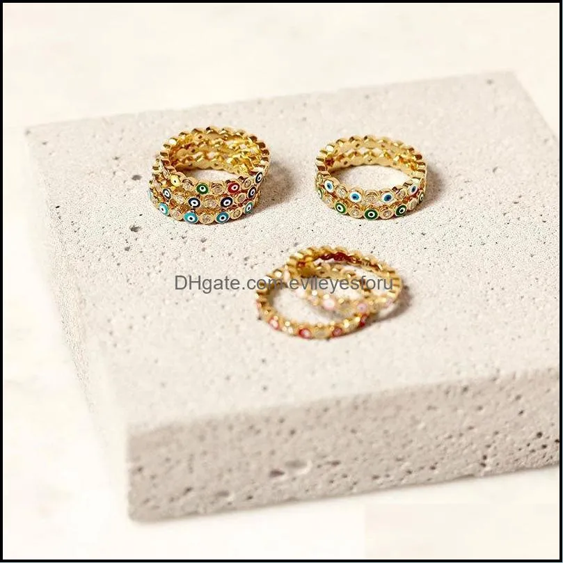 7 colors bohemian multicolor evil eye rhinestone filled gold band rings for women vintage ladies midi finger ring beach jewelry 1126