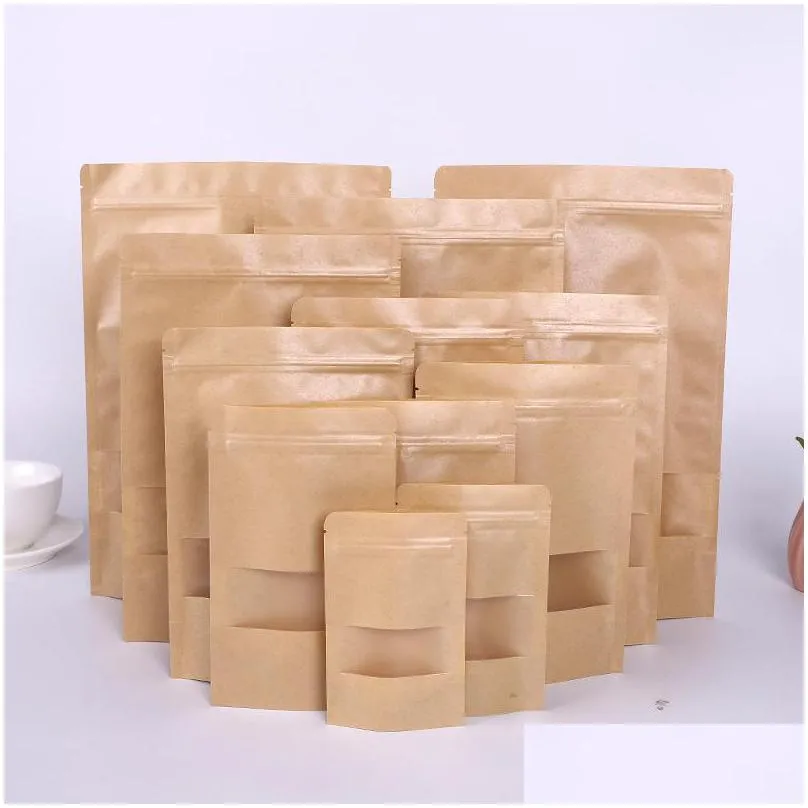 kraft paper bag 12 sizes stand up gift dried food fruit tea packaging pouches kraft paper window bag retail zipper self sealing