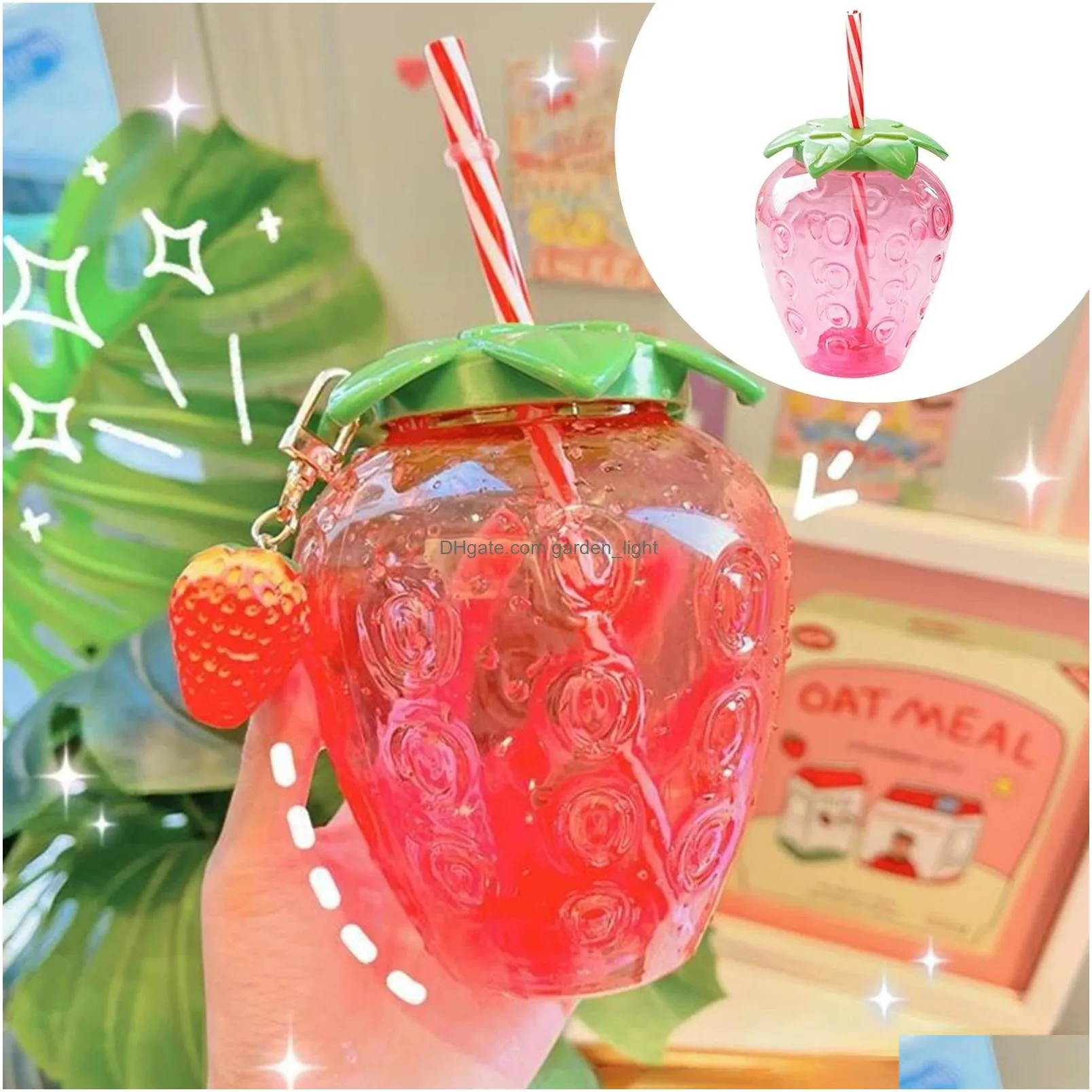 mugs strawberry straw cup cute girl milk tea cup summer portable ins style plastic water bottles straws kawaii milks bottle sea freight inventory