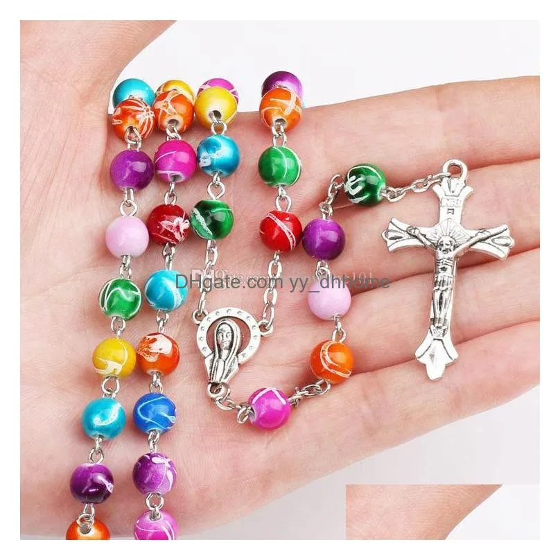 colorful polymer clay bead rosary pendant necklace alloy cross virgin mary centrepieces christian catholic religious jewelry