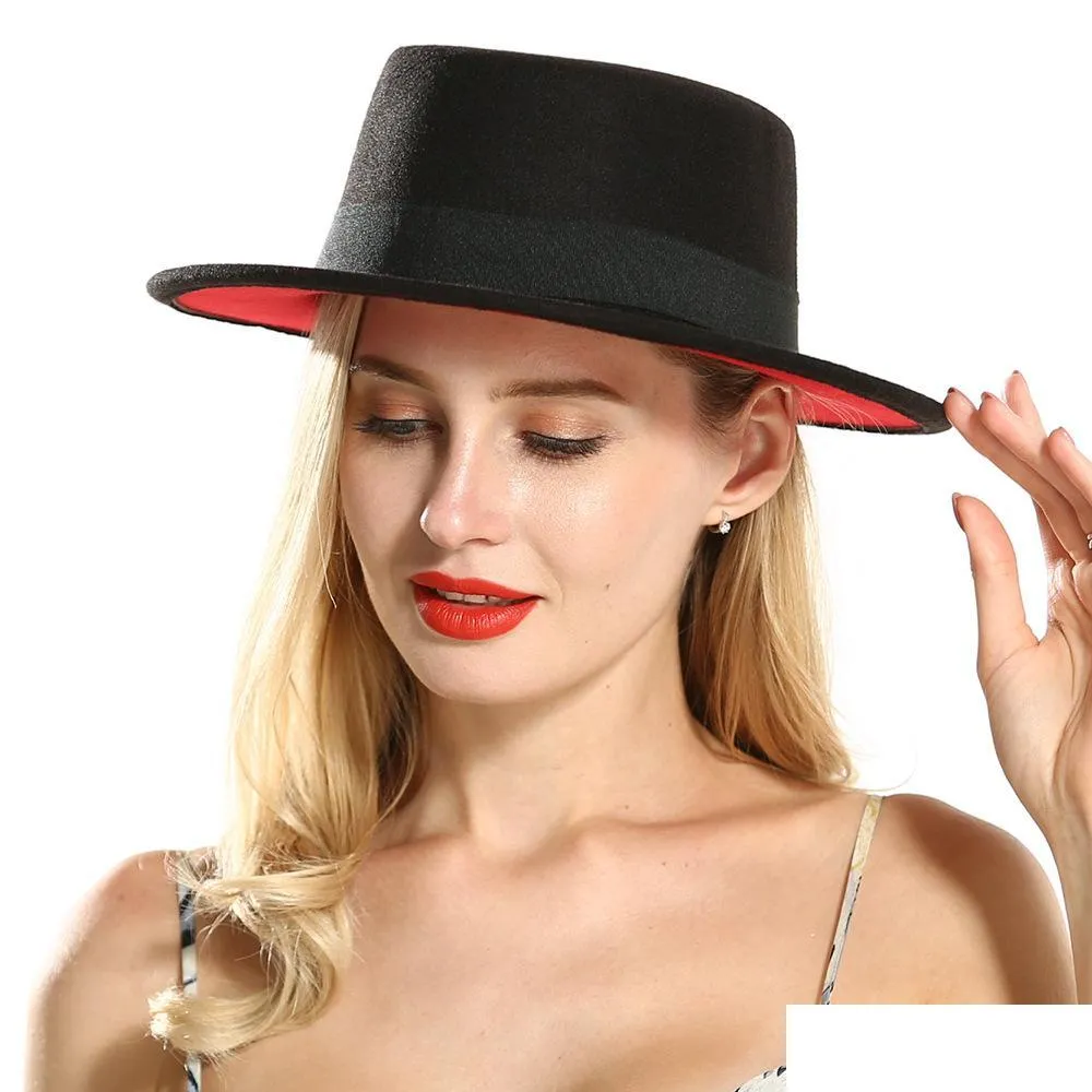 outer black inner red flat brim sombreros flat top felt boater hat womens lady imitate wool fedora hats with black ribbon